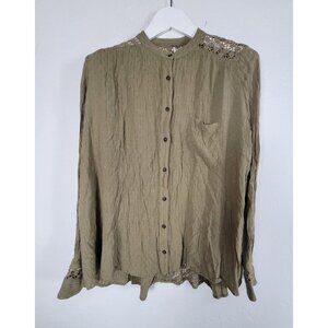 Free People The Best Crochet Button Down Shirt Womens Medium Olive Green Casual